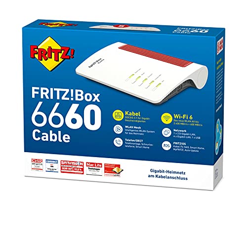 FRITZ!Box 6660 Cable | Wi-Fi 6 Router mit DOCSIS 3.1 Kabelmodem, 2.400 + 600 MBit/s, 1x 2,5-Gigabit-LAN, Mesh WLAN