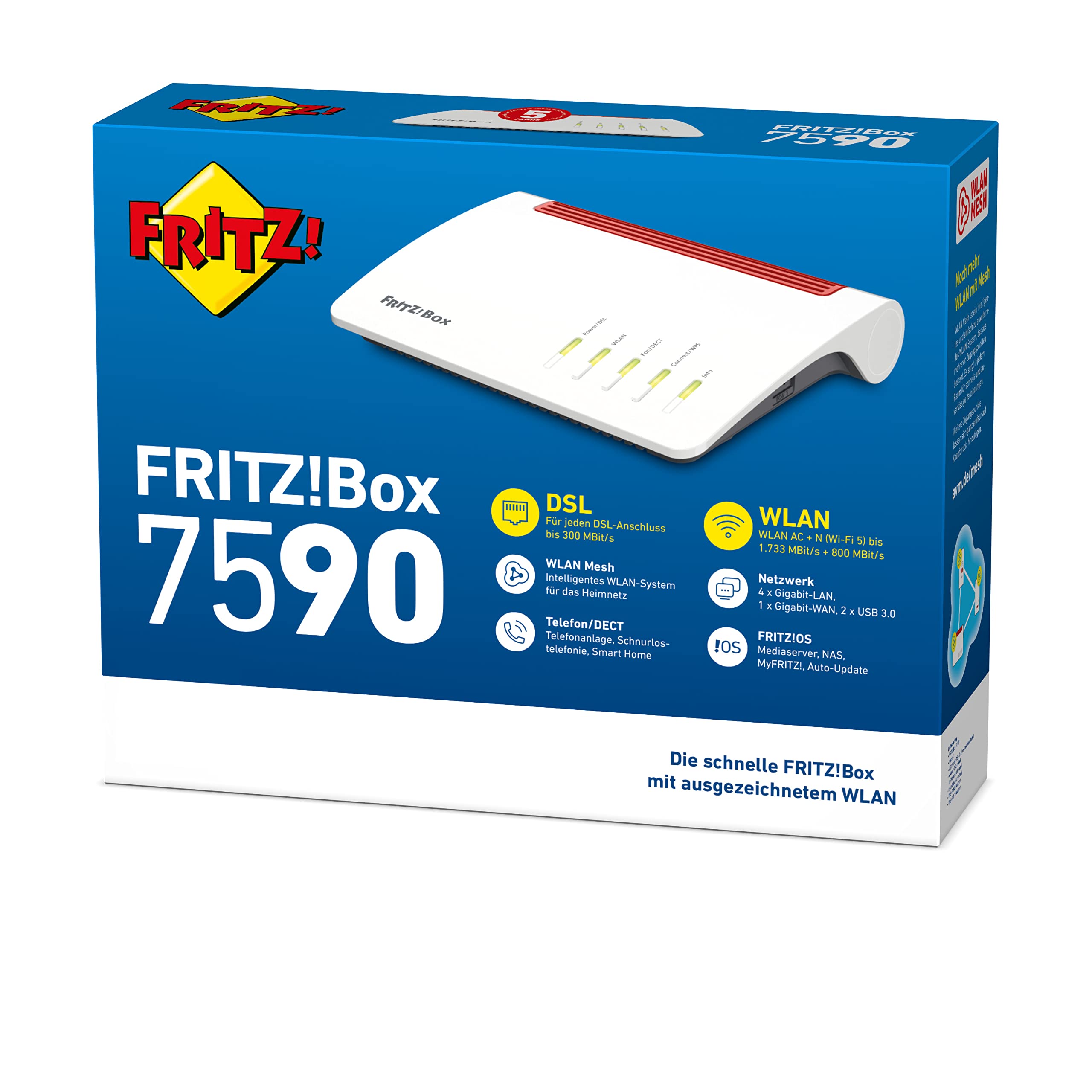 FRITZ!Box 7590 – WLAN AC+N DSL/VDSL Router (1.733 + 800 MBit/s, VDSL-Supervectoring, Mesh, DECT, Media Server, DE-Version)