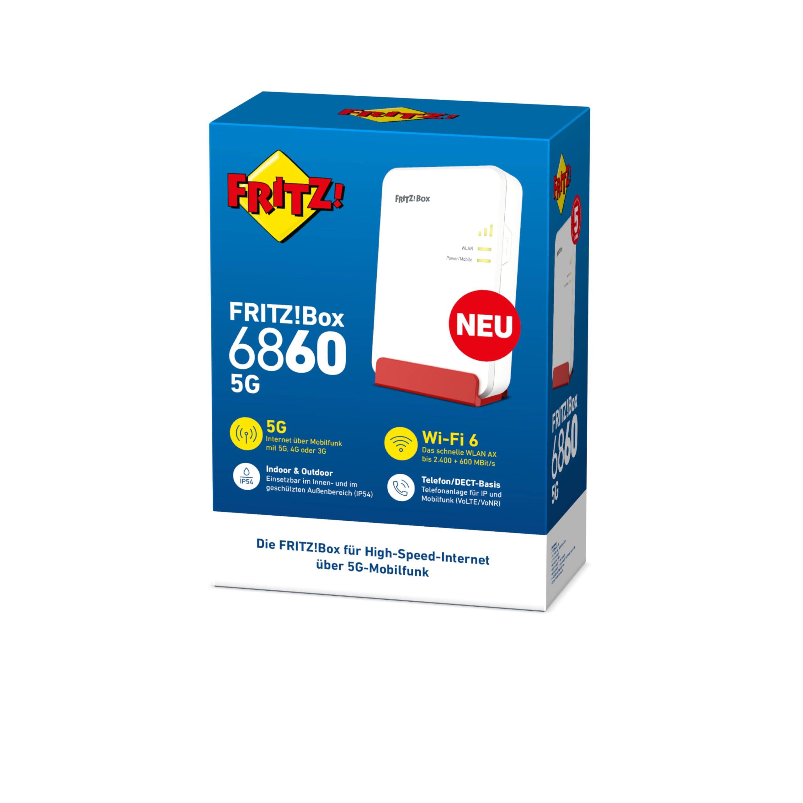 FRITZ!Box 6860 5G – Mobilfunk-Router (5G/LTE bis 1.300 MBit/s, Wi-Fi 6 bis 3.000 MBit/s, PoE+, IP-Schutz, DECT-Basis)