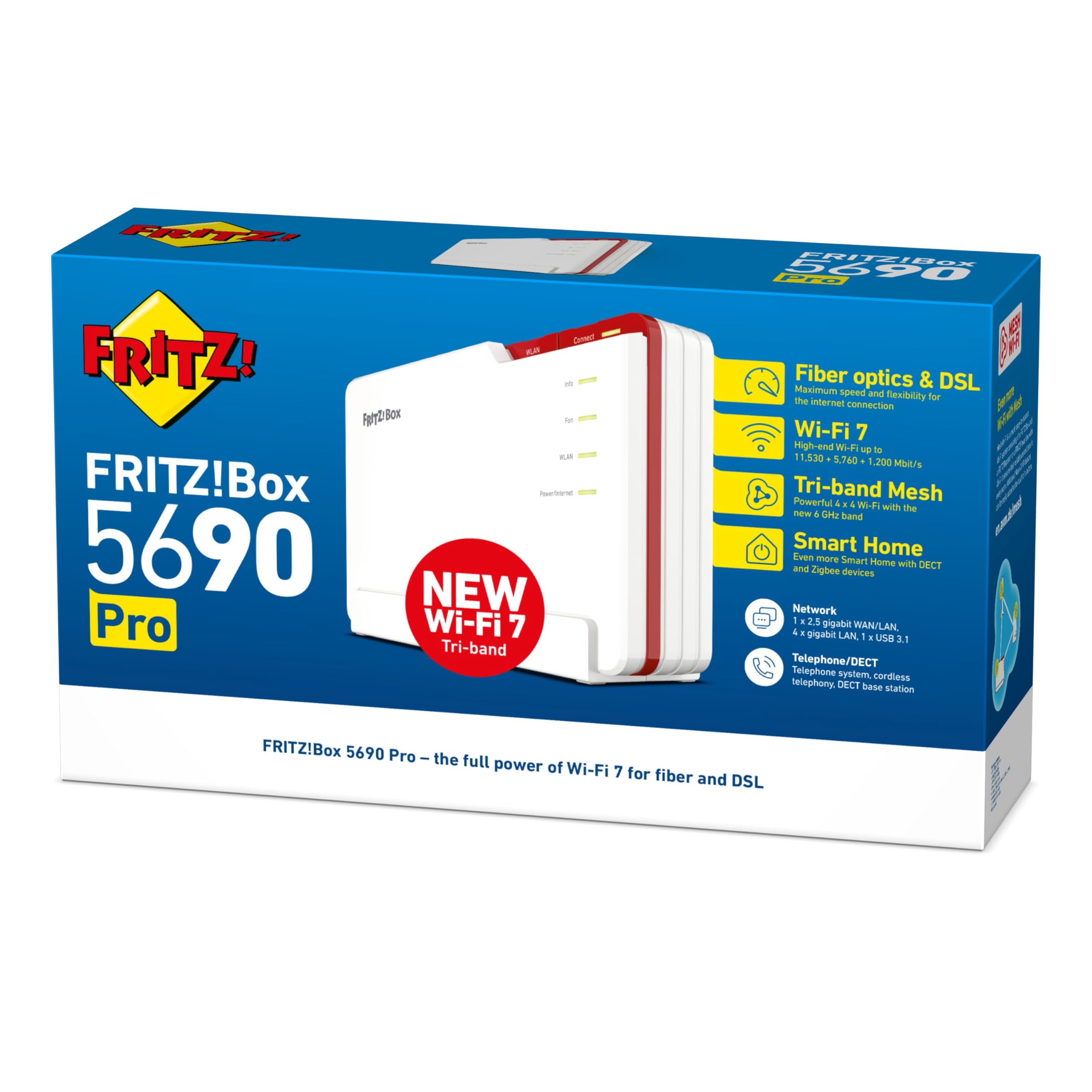 FRITZ!Box 5690 Pro – Wi-Fi 7 Triband Router für DSL & Glasfaser, bis 18,5 GBit/s, Mesh, DECT, International