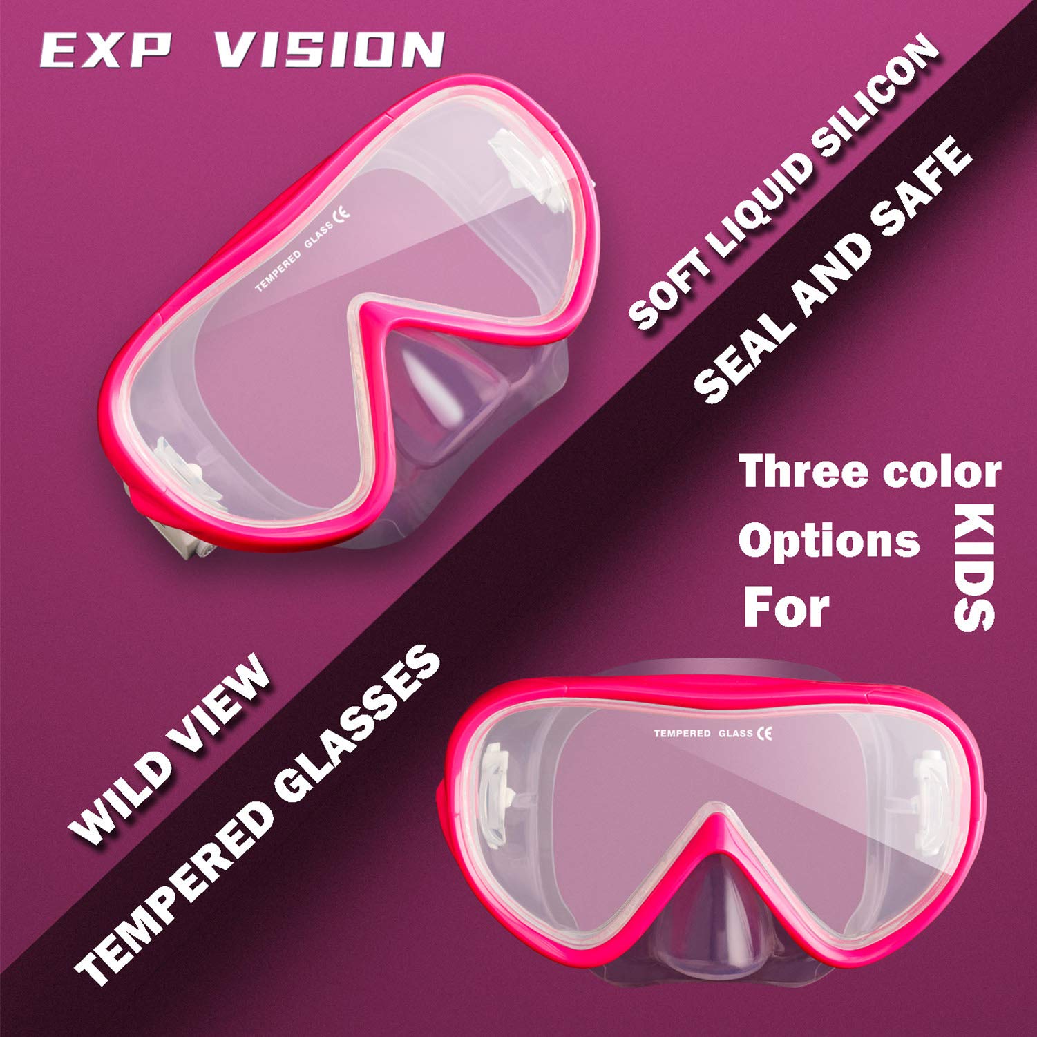 Kinder Taucherbrille 180° Panorama Kind Schnorchelmaske, Anti Nebel Tauchmaske gehärtetes Glas Schwimmmaske Junge Silikon Tauchermaske Mädchen Schwimmbrille mit Nasenabdeckung 4-16 (Rosa)
