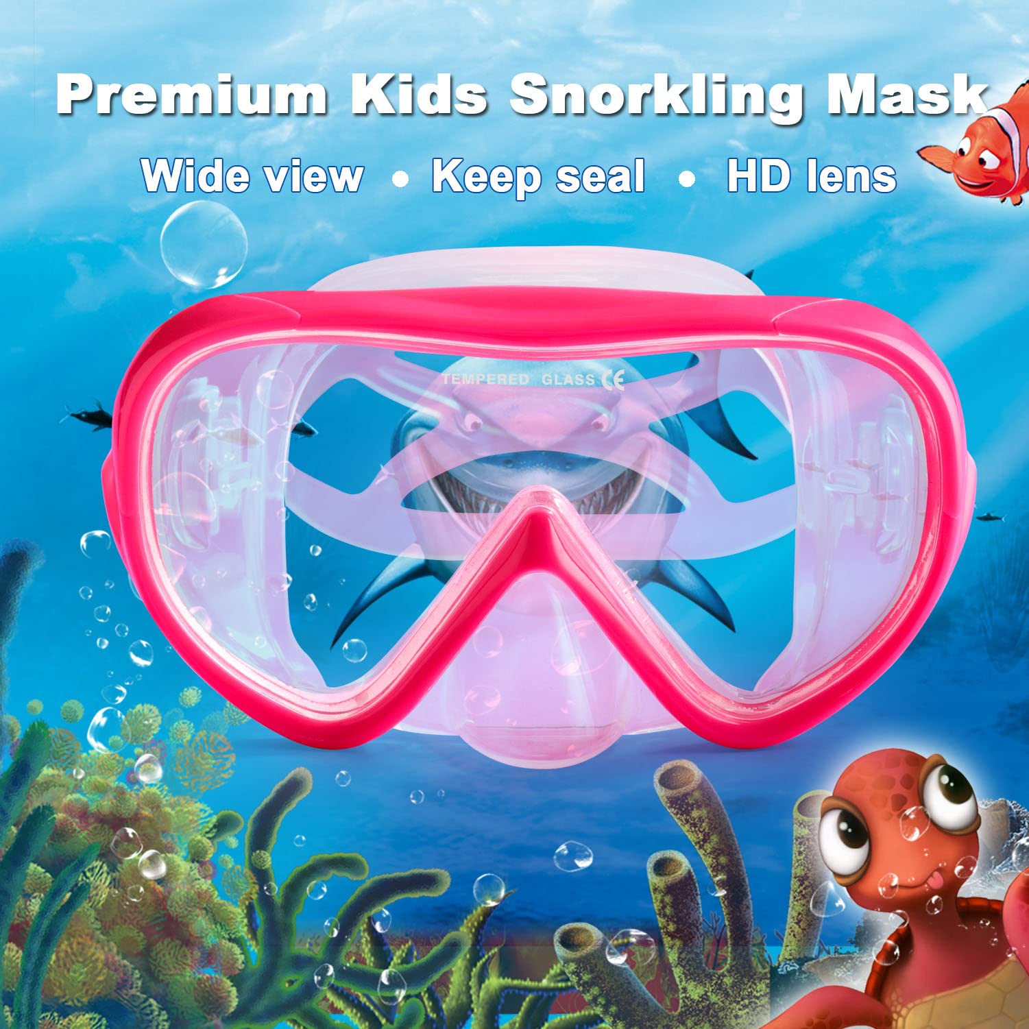Kinder Taucherbrille 180° Panorama Kind Schnorchelmaske, Anti Nebel Tauchmaske gehärtetes Glas Schwimmmaske Junge Silikon Tauchermaske Mädchen Schwimmbrille mit Nasenabdeckung 4-16 (Rosa)