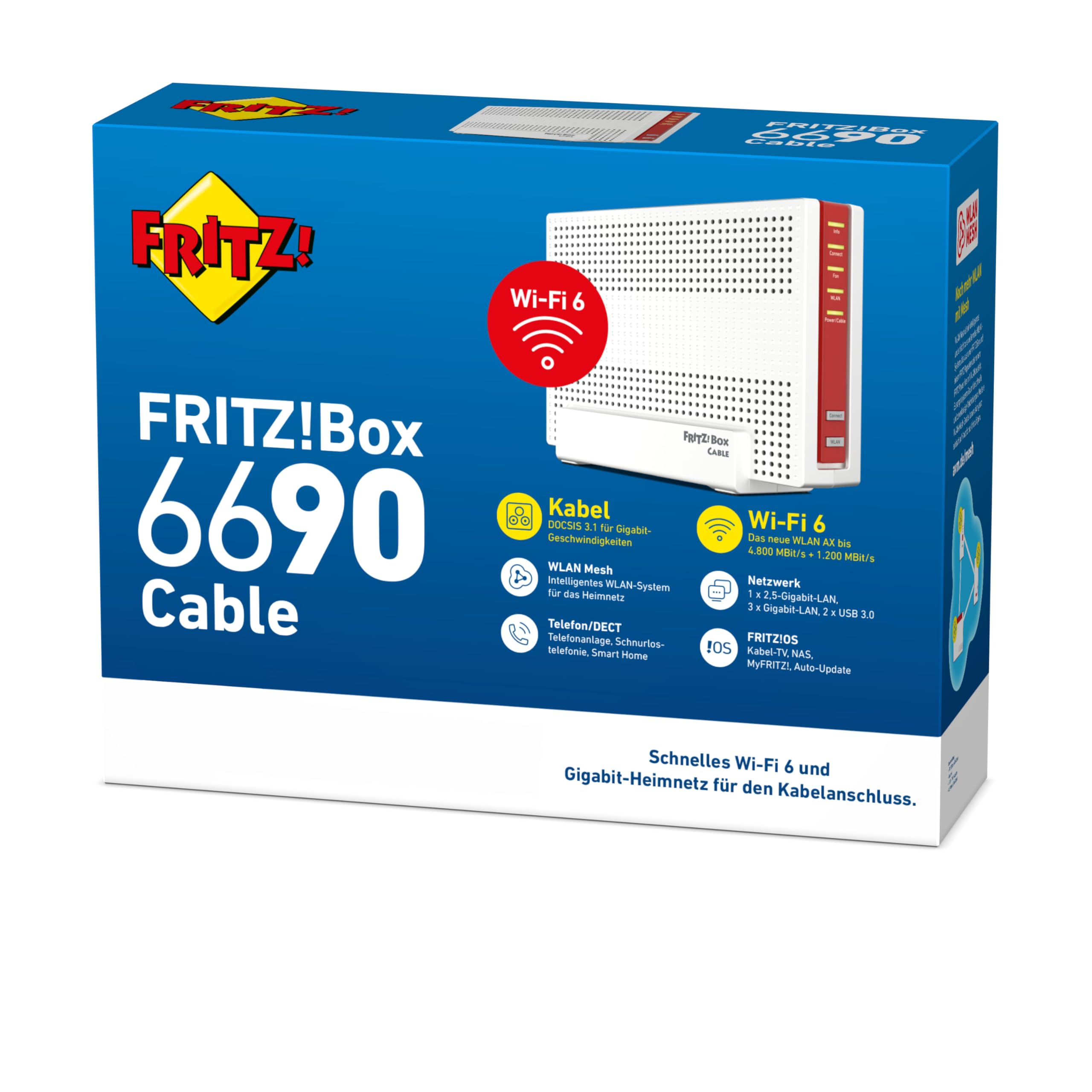 FRITZ!Box 6690 Cable – Wi-Fi 6 Kabelrouter (DOCSIS 3.1, bis 4.800 + 1.200 MBit/s, 2,5G LAN, USB 3.0, DECT)