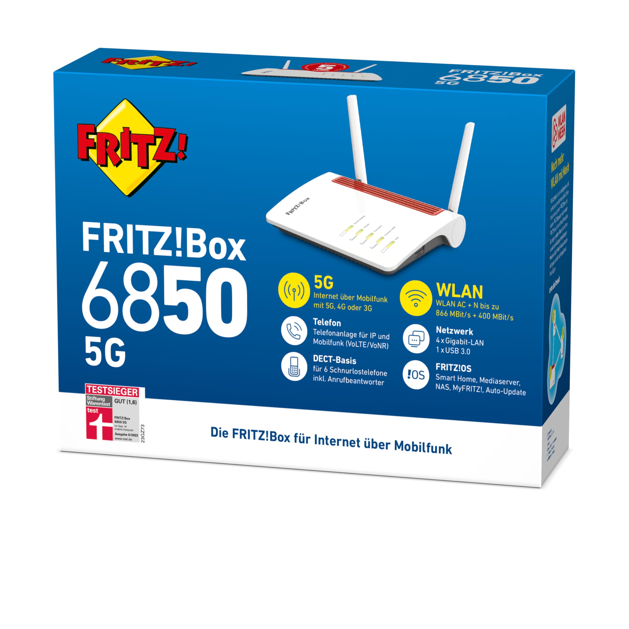 FRITZ!Box 6850 5G – Mobilfunkrouter (bis 1.300 MBit/s, WLAN AC+N, 4x Gigabit-LAN, DECT, USB 3.0)
