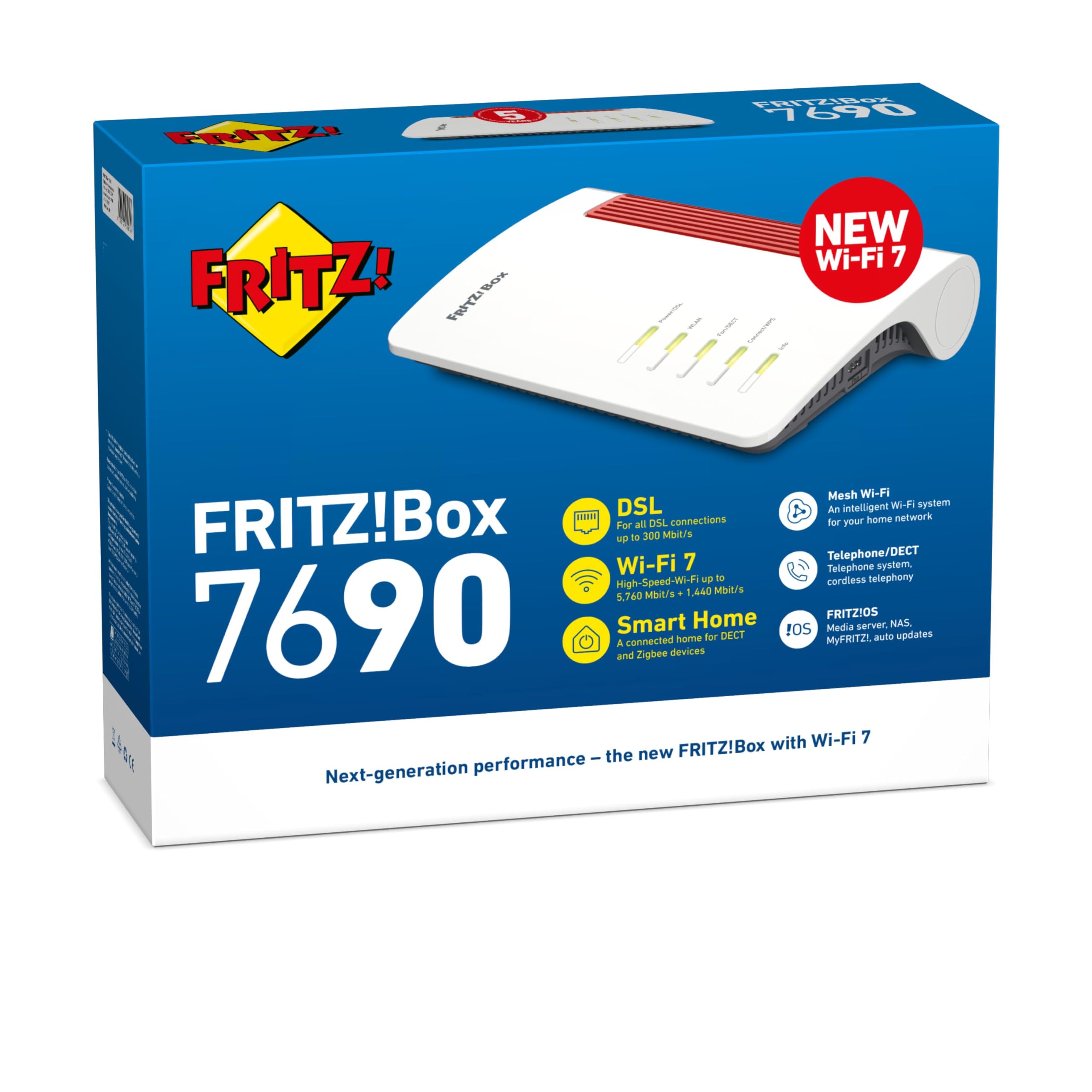 FRITZ!Box 7690 International | Wi-Fi 7 DSL-Router bis 5.760 + 1.376 MBit/s, VDSL-Supervectoring 300 MBit/s, WLAN Mesh, DECT-Basis
