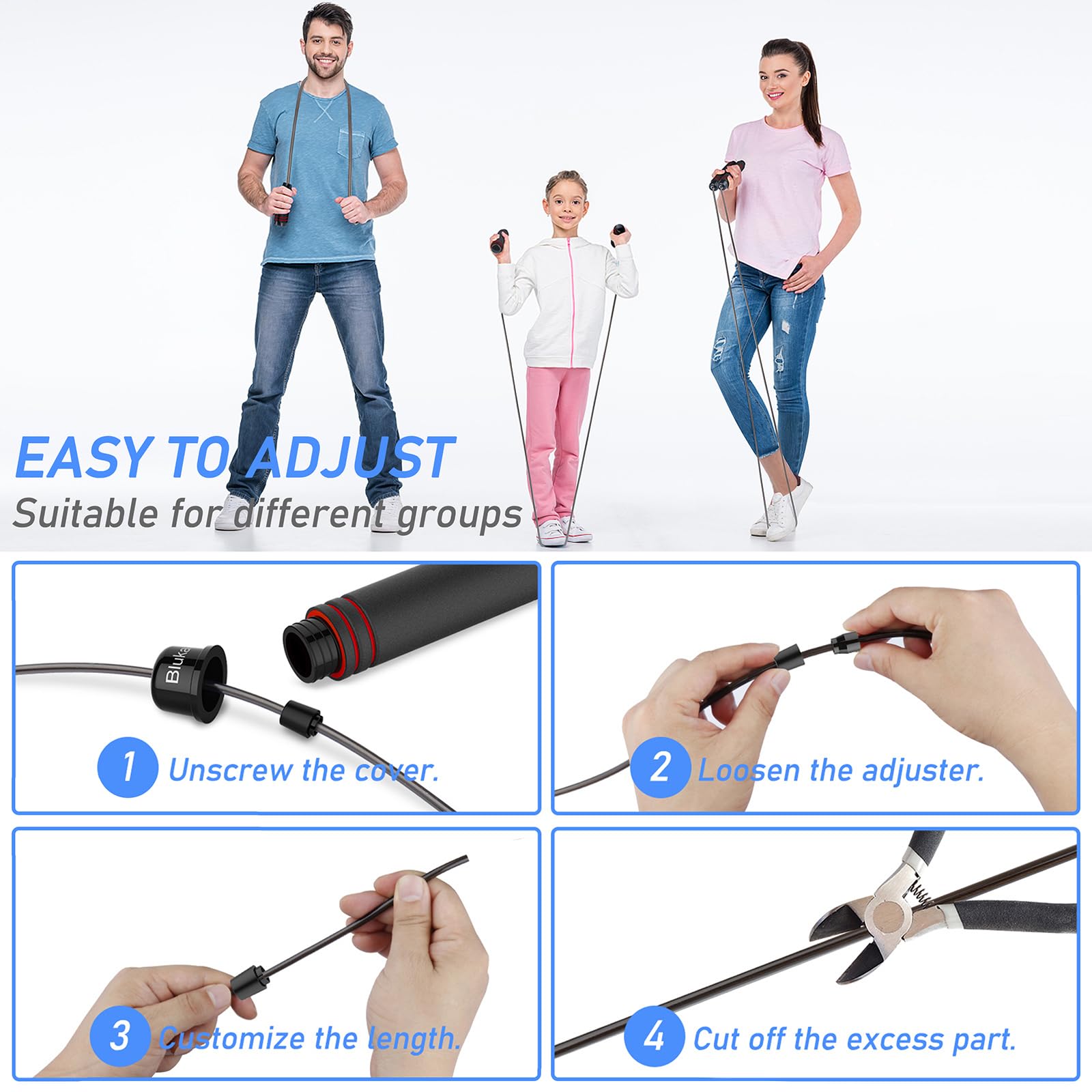 Blukar Springseil, Speed Rope Verstellbar mit Hautfreundlichen Schaum Griffe, 3 Meter Länge Einstellbar, Rutschfest und Ideal für Fitness & Ausdauer & Seilspringen, geeignet für Erwachsene