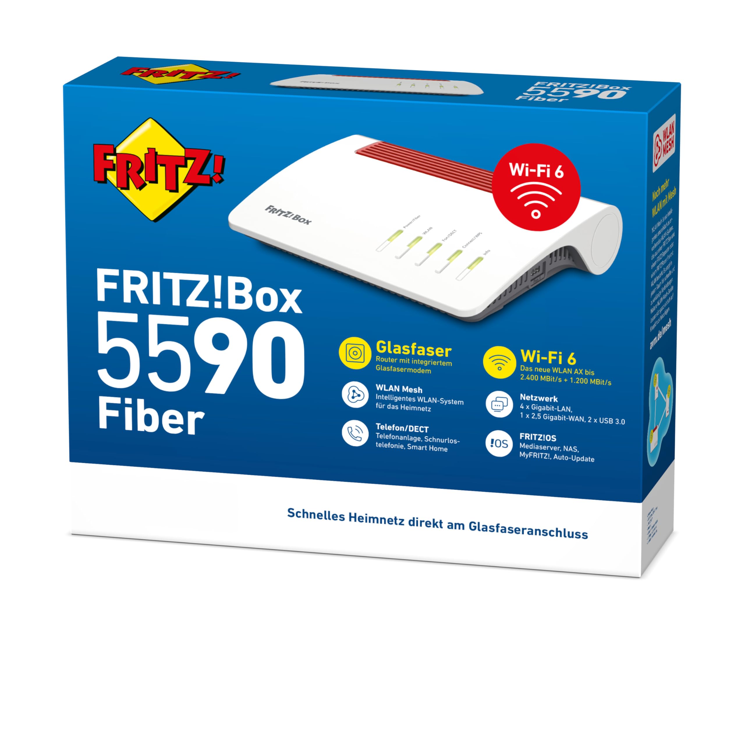FRITZ!Box 5590 Fiber – Wi-Fi 6 Router für Glasfaser, 3600 MBit/s, Mesh, DECT, 2.5G LAN