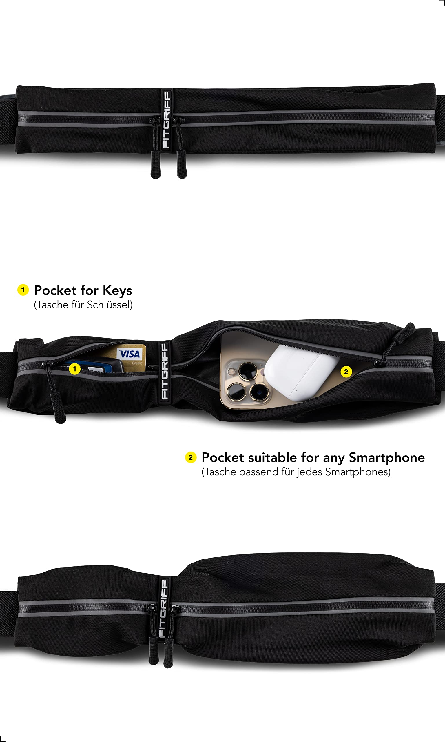 Fitgriff® Laufgürtel für Handy - Lauftasche Jogging, Hüfttasche, Sportgürtel, Running Belt zum Joggen, Laufen, Sport, Fitness - passend