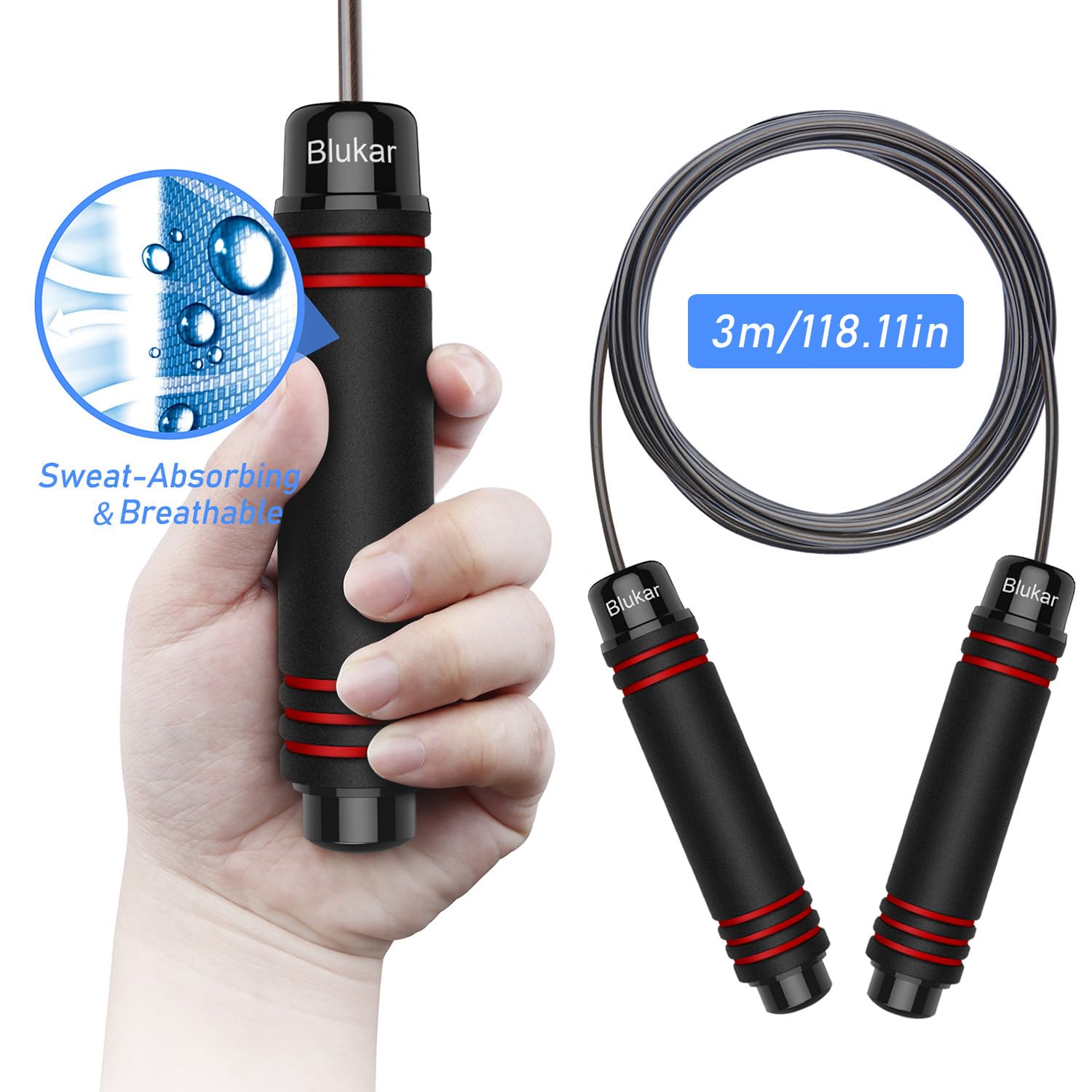 Blukar Springseil, Speed Rope Verstellbar mit Hautfreundlichen Schaum Griffe, 3 Meter Länge Einstellbar, Rutschfest und Ideal für Fitness & Ausdauer & Seilspringen, geeignet für Erwachsene