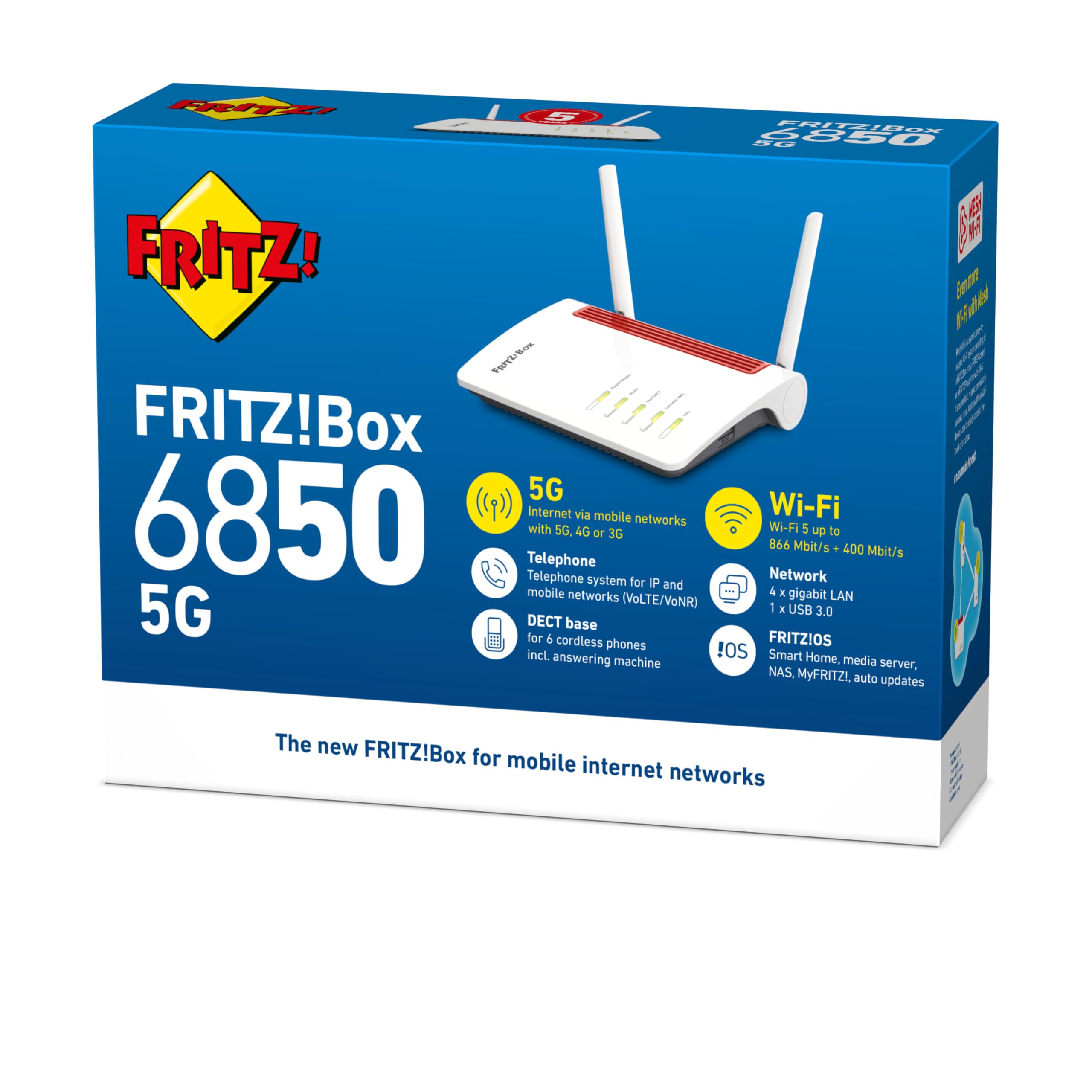 FRITZ!Box 6850 5G International – Mobilfunkrouter (bis 1.300 MBit/s, WLAN AC+N, 4x Gigabit-LAN, DECT, USB 3.0)