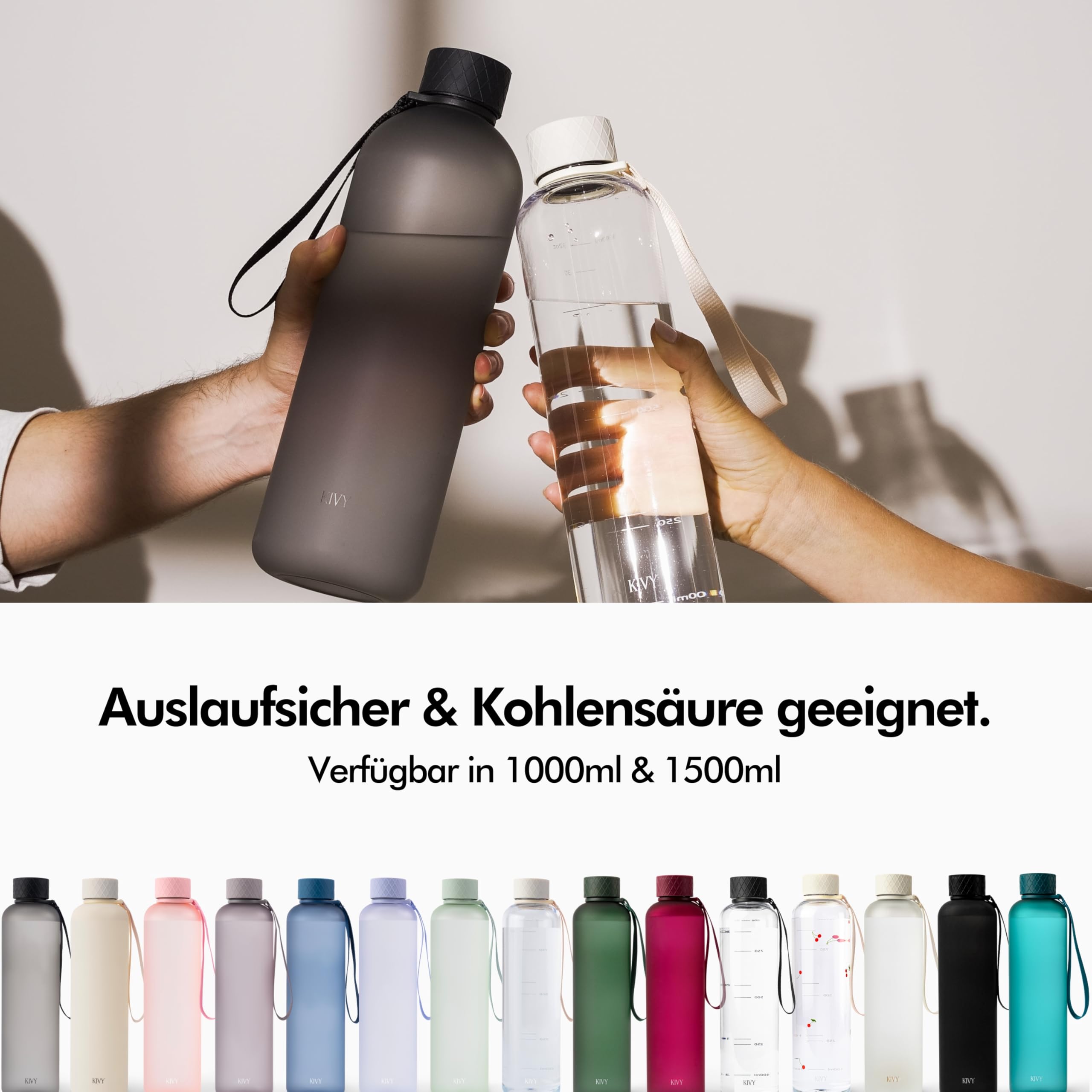 KIVY Trinkflasche 1,5 Liter- Kohlensäure geeignet & Auslaufsicher - Für Sport, Schule & Büro - Sport Trinkflasche Gym - Wasserflasche 1,5 Liter
