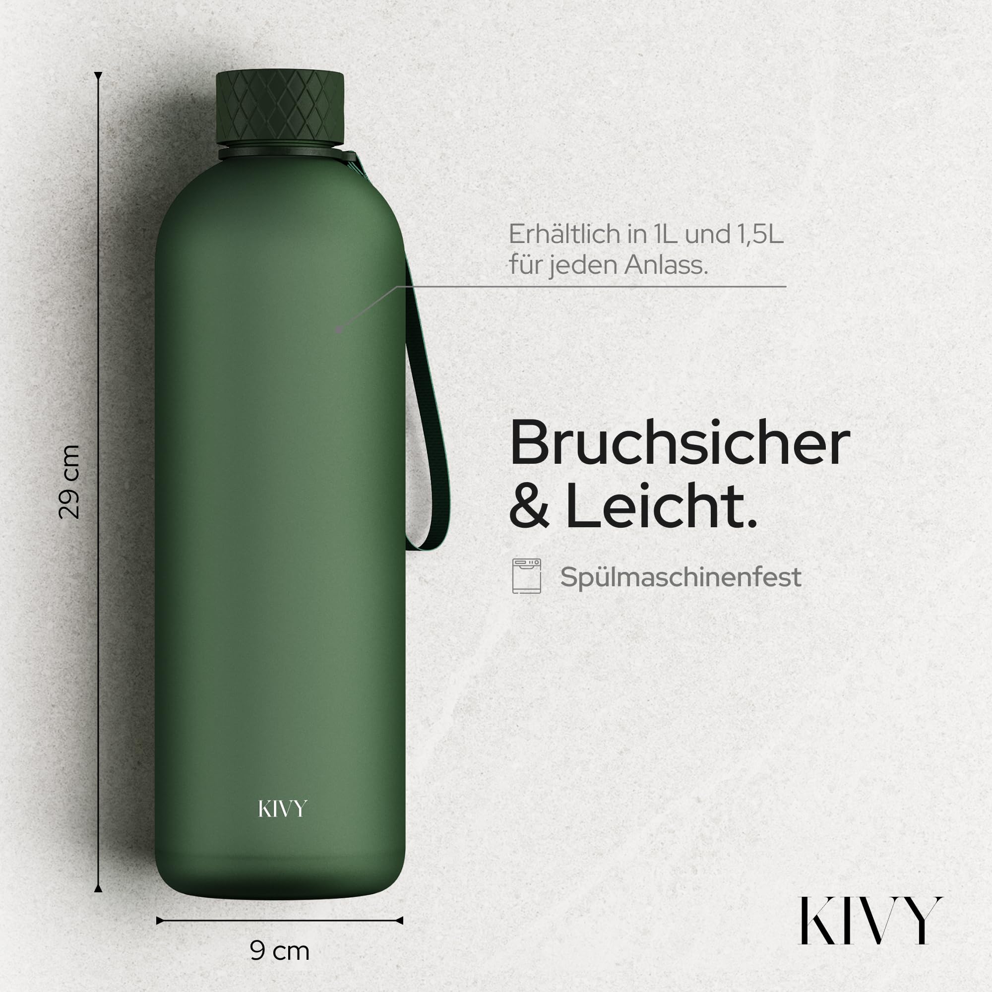 KIVY Trinkflasche 1,5 Liter- Kohlensäure geeignet & Auslaufsicher - Für Sport, Schule & Büro - Sport Trinkflasche Gym - Wasserflasche 1,5 Liter