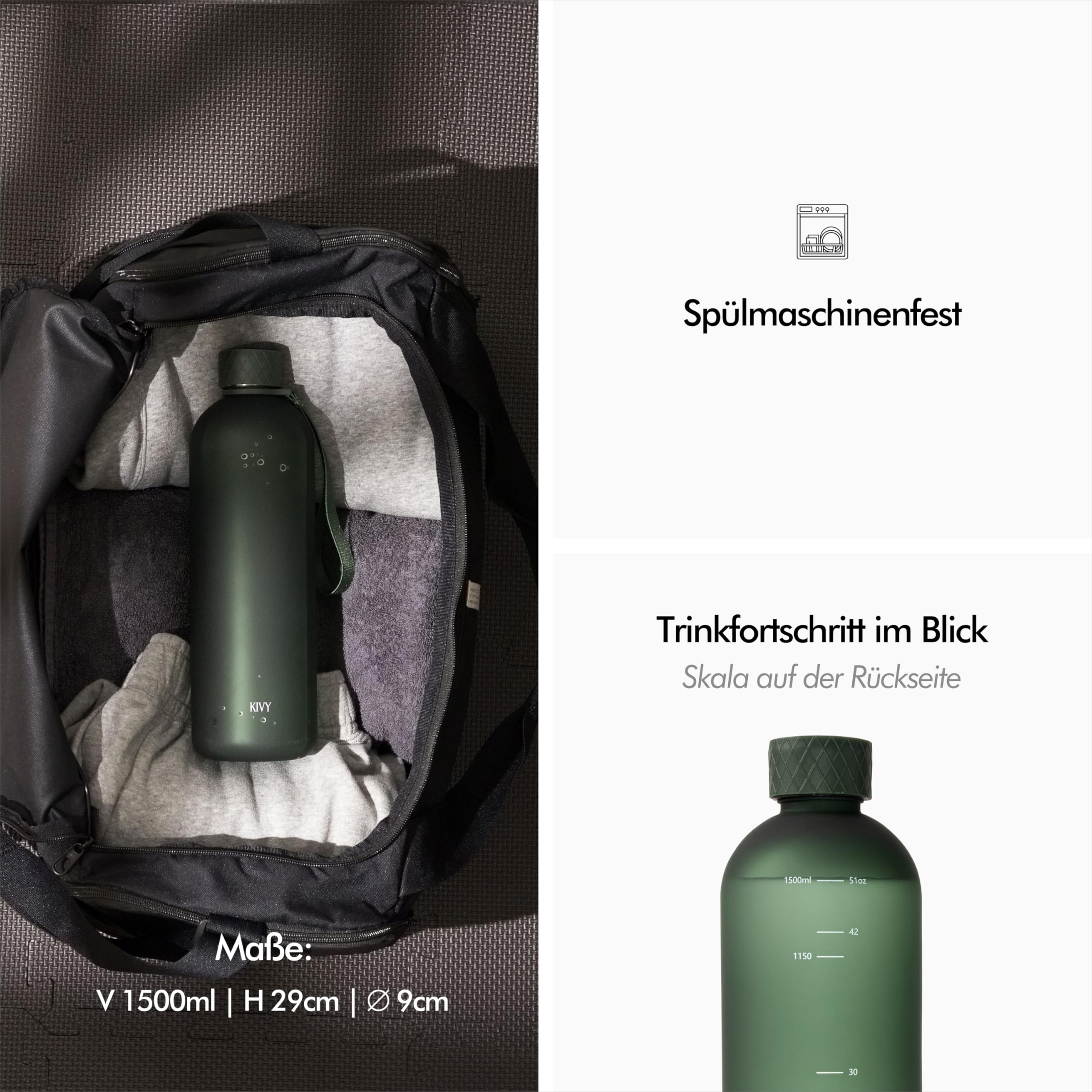 KIVY Trinkflasche 1,5 Liter- Kohlensäure geeignet & Auslaufsicher - Für Sport, Schule & Büro - Sport Trinkflasche Gym - Wasserflasche 1,5 Liter