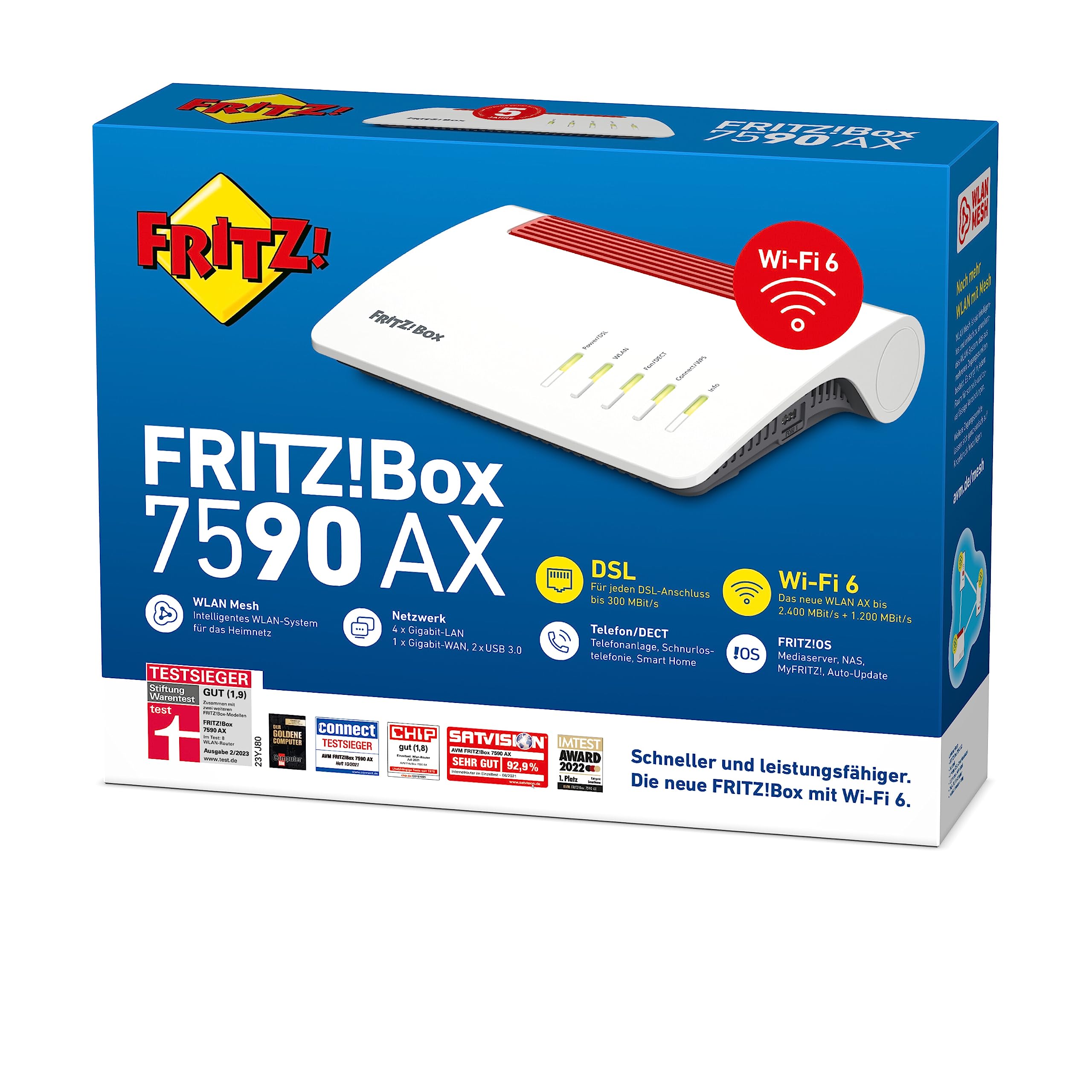 FRITZ!Box 7590 AX – Wi-Fi 6 DSL-Router (bis 2.400 + 1.200 MBit/s, VDSL-Supervectoring 35b, WLAN Mesh, DECT, DE-Version)
